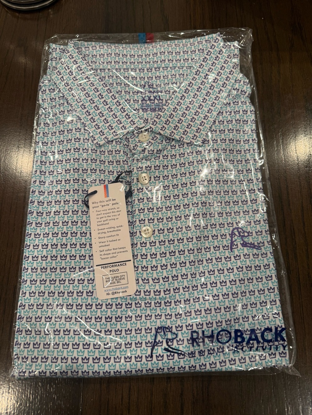 Rhoback White & Teal Micro-Print Performance Polo